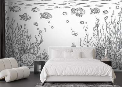 Underwater scene with fish and aquatic plants in a line art style. Wall mural