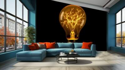 Vintage Light Bulb with Tree-Shaped Filament on Black Background, Conceptual Photograph Wall mural