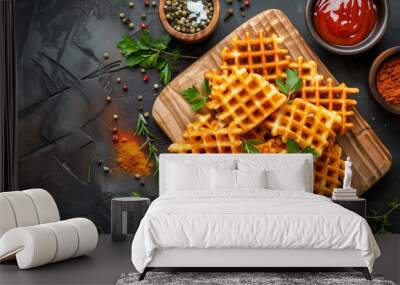 waffle fries with spices and herbs on wooden board  Wall mural