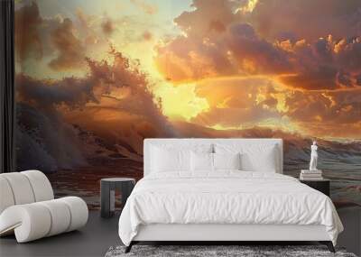 Wave breaking with sunset colors and cloud-filled sky Wall mural