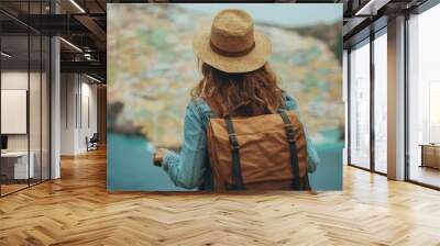 Woman in Hat Looking at Beautiful Island Wall mural