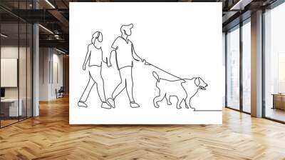 woman man couple golden dog walking together outside in the park line art design Wall mural