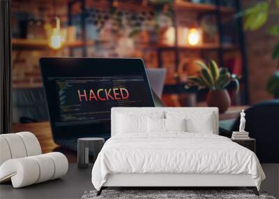 word HACKED displayed on the screen of a laptop on the table in modern office, data breach or cybersecurity failure concept  Wall mural