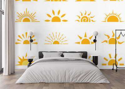 Yellow sun flat icon set, sunshine and solar glow sunrise or sunset. Decorative half sun and sunlight. Hot solar energy for tan. Vector isolated on transparent background. Hand drawn symbol. Wall mural