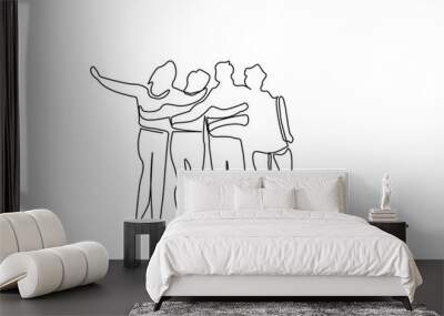 young female male people team teamwork students hugging walking outside posing happy full body length line art Wall mural