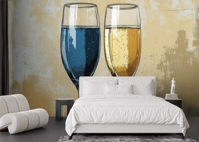 Vector illustration of two champagne glasses, one filled with white sparkling wine and the other with blue sparkling wine, Wall mural