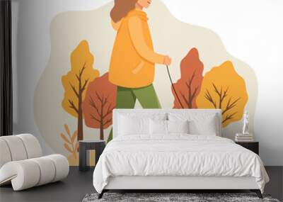 Happy girl walking with dog at autumn park. Vector illustration in flat style. Rest and mental health concept Wall mural