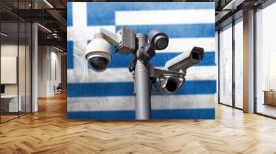 Closed circuit camera Multi-angle CCTV system against the background of the national flag of Greece. Wall mural