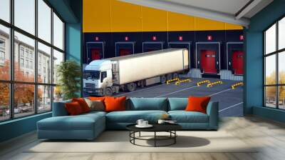 Unloading trucks at a modern warehouse complex. Wall mural