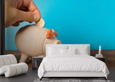 A man's hand putting a coin in a piggy Bank. The concept of saving money. Wall mural