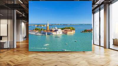 Aerial panoramic view of Venetian Lagoon with San Giorgio Maggiore island, Lido island and Giudecca island, sailing boats in Giudecca Canal, blue sky, Venice city, Italy. Panoram of Venetian Lagoon Wall mural