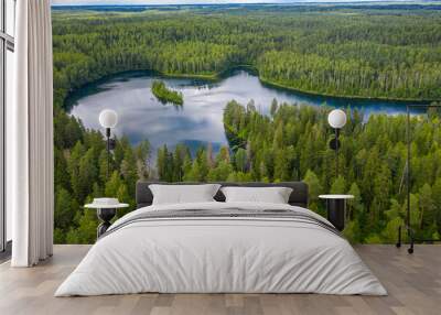 An aerial panoramic view on the Glubel'ka lake (Blue lakes) in Naroch reserve park in Belarus Wall mural