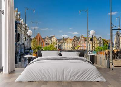 Arras cityscape with Flemish-Baroque-style townhouses buildings on La Grand Place square in old town center, blue sky in summer day, Pas-de-Calais department, Hauts-de-France Region, Northern France Wall mural