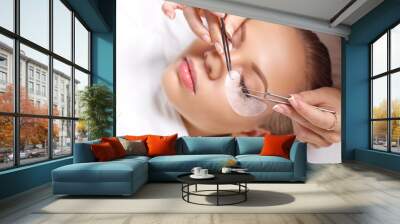 Eyelash Extension Procedure. Woman Eye with Long Eyelashes. Lashes, close up, selected focus. Wall mural