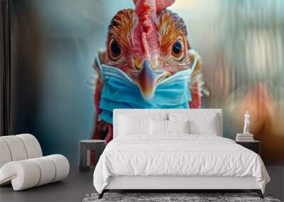 A portrait of a rooster wearing a medical mask, symbolizing the concept of avian flu and the prevention measures taken for bird health. Generative AI. Wall mural