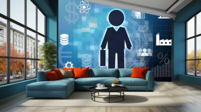 Businessman and his surroundings. Business tools, tasks, multitasking, business contacts are what surrounds a businessman in his work. Wall mural