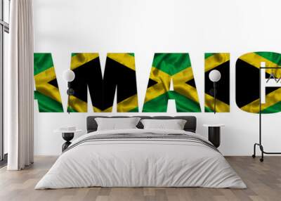 Inscription Jamaica in the colors of the pattern waving flag of Jamaica. Country name on isolated background. image - 3D illustration. Wall mural