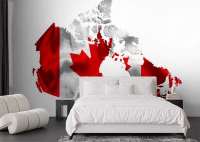 Waving textile flag of Canada fills country map. White isolated background, 3d illustration. Wall mural