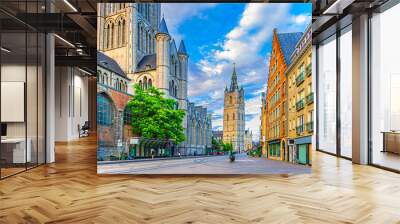 Korenmarkt Wheat Market square with Saint Nicholas Church and Belfry of Ghent Het Belfort van Gent medieval tower in Ghent city historical center, East Flanders province, Flemish Region, Belgium Wall mural