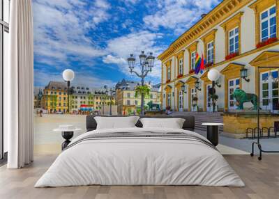 Luxembourg City Hall Stadhaus Stad Letzebuerg building and street lights on Place Guillaume II Knuedler town square in Luxembourg City historical centre Ville Haute quarter in sunny summer day Wall mural