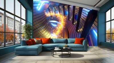 3D Render fusion reactor nuclear fusion, tokamak inside heated plasma, toroidal shape, clean energy. Copy space Wall mural