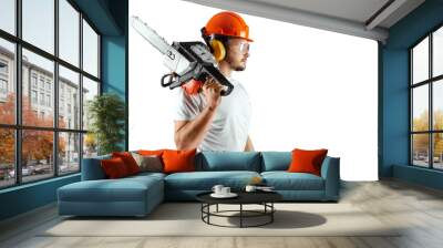 A bearded man in a helmet holding a chainsaw on a white background. Concept building, contractor, repair, lumberjack. Wall mural