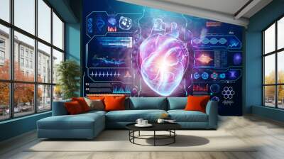 A hologram in the heart of a person, heart disease. Future Healthcare Hi Tech Diagnostic Panel. Modern medical science in the future. 3D illustration, 3D rendering. Wall mural