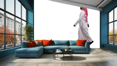 Arabic man walking sideways isolated white background in traditional costume. Ready for cutting and editing. Wall mural