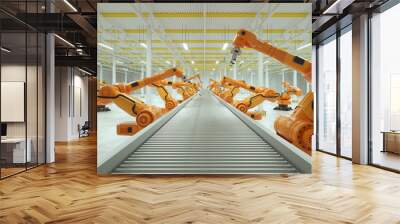 Automatic assembly line. Orange robot arm manipulator with empty conveyor belt. Technology concept, future. 3D rendering, 3D illustration, copy space. Wall mural