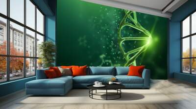 Creative, biological background, DNA structure, DNA molecule on a green background. 3d render, 3d illustration. The concept of medicine, research, experiments, experiment, virus, disease. Wall mural