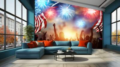 Creative background, a crowd of people on the background of a beautiful salute, the 4th of July, the American flag. Independence Day Banner of America, postcard, democracy, copy space. Wall mural