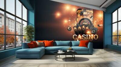 Creative background, online casino, smartphone with playing cards roulette and chips, black gold background. Internet gambling concept. Copy space. 3D illustration, 3D render. Wall mural