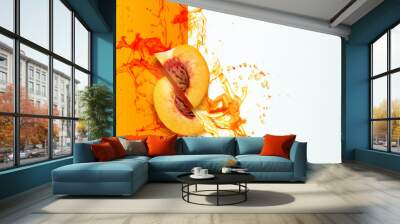 Cut peach fruit in splashes of orange juice top view. Concept for fruit background, food, freshness, billboard, poster. 3D illustration, 3D render. Wall mural