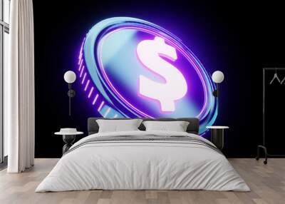 Dollar neon coin 3d, modern design on a dark background. The concept of technology, internet commerce, business, globalization. 3d illustration, 3d render, copy space. Wall mural