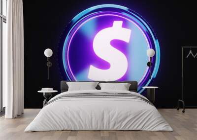 Dollar neon coin 3d, modern design on a dark background. The concept of technology, internet commerce, business, globalization. 3d illustration, 3d render, copy space. Wall mural