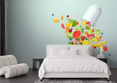 Food supplement in the form of medicinal capsules and nutritional tablets with fruit inside. Alternative medicine, vitamins, naturopathy, health, homeopathy. 3D illustration, 3D render. Wall mural