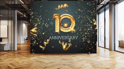 Golden numbers, 10 years anniversary celebration on dark background and confetti. celebration template, flyer. 3D illustration, 3D rendering Wall mural