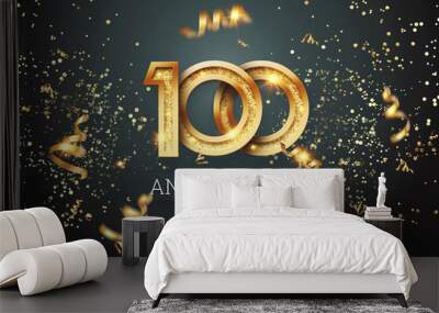 Golden numbers, 100 years anniversary celebration on dark background and confetti. celebration template, flyer. 3D illustration, 3D rendering Wall mural