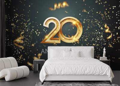 Golden numbers, 20 years anniversary celebration on dark background and confetti. celebration template, flyer. 3D illustration, 3D rendering Wall mural