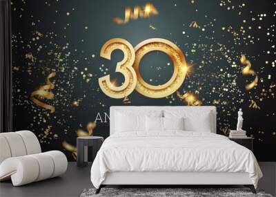 Golden numbers, 30 years anniversary celebration on dark background and confetti. celebration template, flyer. 3D illustration, 3D rendering Wall mural