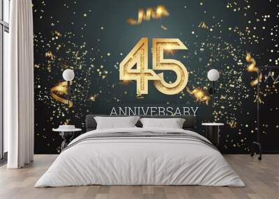 Golden numbers, 45 years anniversary celebration on dark background and confetti. celebration template, flyer. 3D illustration, 3D rendering Wall mural