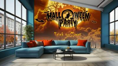 Halloween party, ghost, pumpkin. Design of a holiday flyer, invitation card, postcard. Mixed media, copy space, mockup, layout. Wall mural