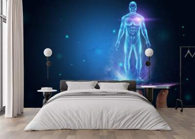 Hologram human body healthcare future. Modern medical science in the future. Mixed medium, copy space. Wall mural