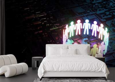 inclusion, a working group of five multi-colored icons of a human worker on a dark background. team building, cultural diversity, staffing decisions. 3D rendering, 3D illustration, copy space. Wall mural