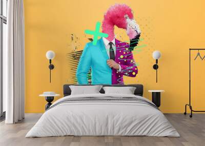 Modern design, a human body in a bright business suit with a flamingo head, confidence. Bright trendy colors, shocking art, style for a magazine, fashionable web design. copy the space. Wall mural