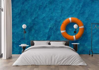 Orange Lifebuoy on the water. The concept of help, rescue, drowning, storm. Copy space. 3D illustration, 3D rendering. Wall mural