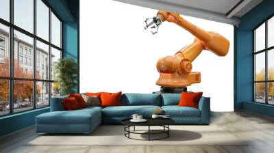 Orange robot arm manipulator for plant isolated on white background. Technology concept, future. 3D rendering, 3D illustration, copy space. Wall mural