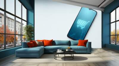 Phone and basket hologram. Online shopping, online store application in a smartphone. Digital Marketing Online. Wall mural