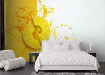 Pineapple ring in a splash of yellow juice top view. Concept for fruit background, food, freshness, billboard, poster. 3D illustration, 3D render. Wall mural