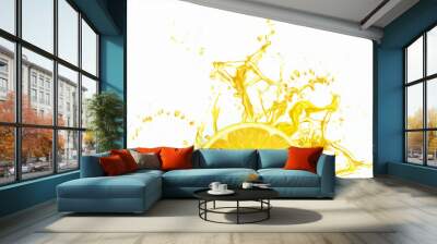 Sliced lemon in a splash of yellow lemon juice top view. Concept for fruit background, food, freshness. 3D illustration, 3D render. Wall mural